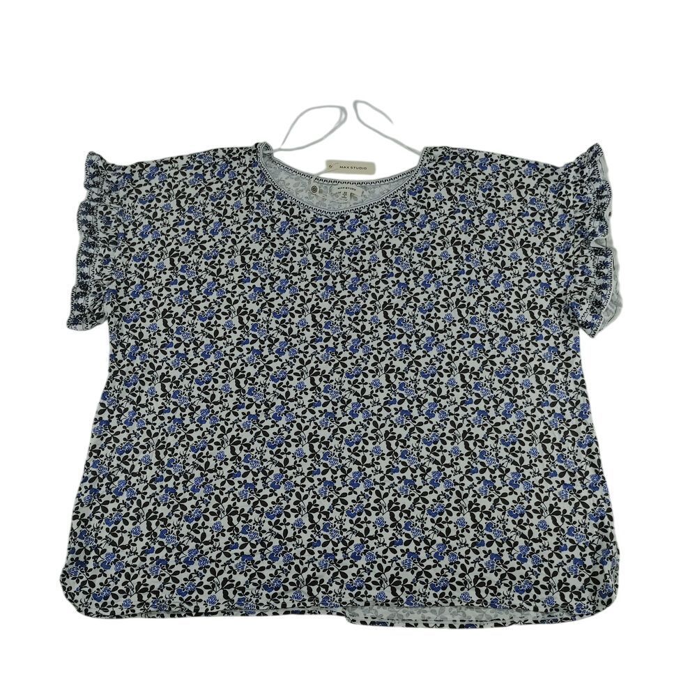 Max Studio Floral Print Ruffle Sleeve Blouse Blue Black White Plus Size 3X